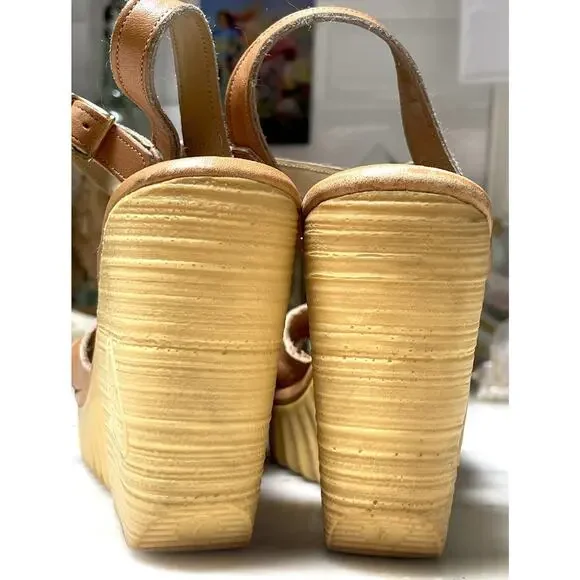 Vintage Cherokee Sandals Rubber Wedge Heel 1960-1970 Tan Orange Leather Size 7 - Picture 7 of 11
